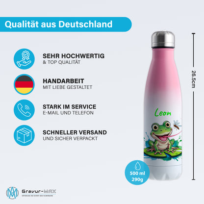 Trinkflasche in Weiß/Pink 500ml aus Edelstahl bedruckt mit niedlichen Tieren "Frosch" personalisierbar für Kinder mit Wunschname