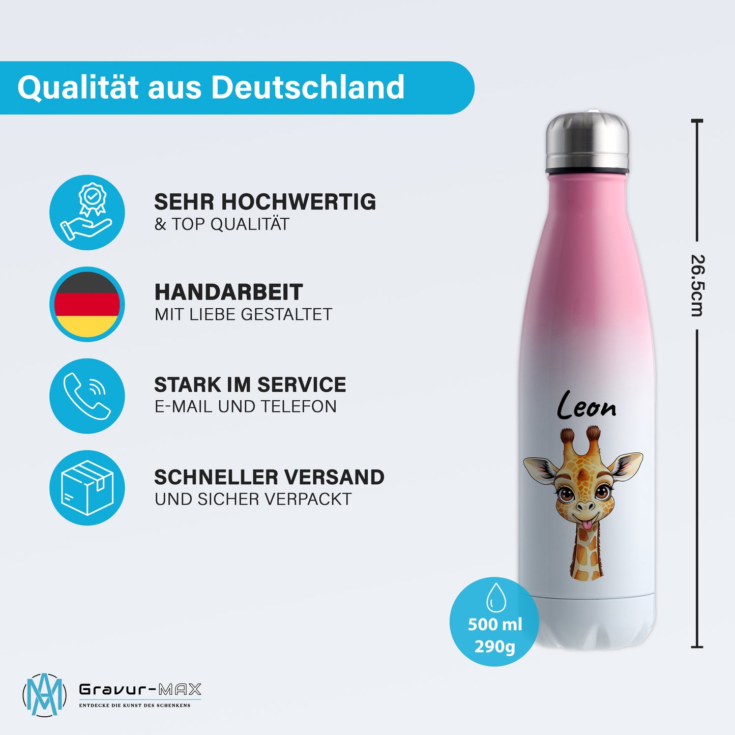 Trinkflasche in Weiß/Pink 500ml aus Edelstahl bedruckt mit niedlichen Tieren "Giraffe" personalisierbar für Kinder mit Wunschname