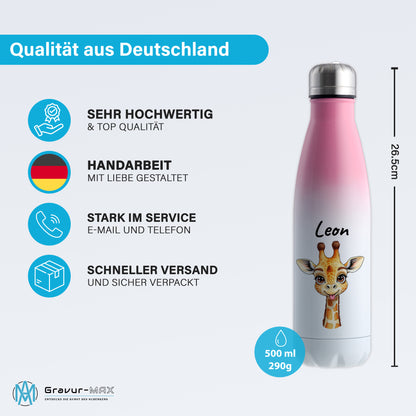 Trinkflasche in Weiß/Pink 500ml aus Edelstahl bedruckt mit niedlichen Tieren "Giraffe" personalisierbar für Kinder mit Wunschname