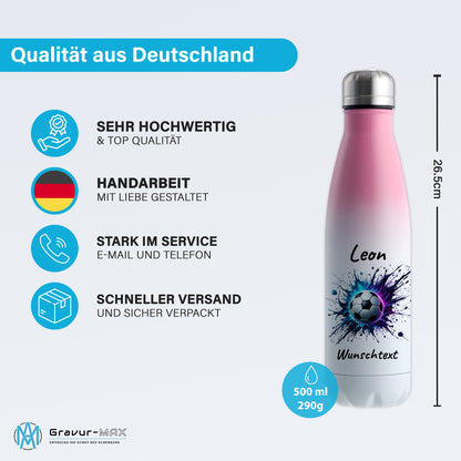 Thermoflasche 500ml in Weiß/Pink aus Edelstahl bedruckt "Fußball" Motiv10 personalisierbar mit Wunschname & Text