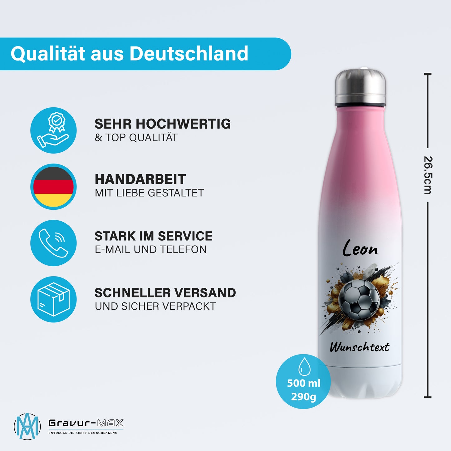 Thermoflasche 500ml in Weiß/Pink aus Edelstahl bedruckt "Fußball" Motiv13 personalisierbar mit Wunschname & Text