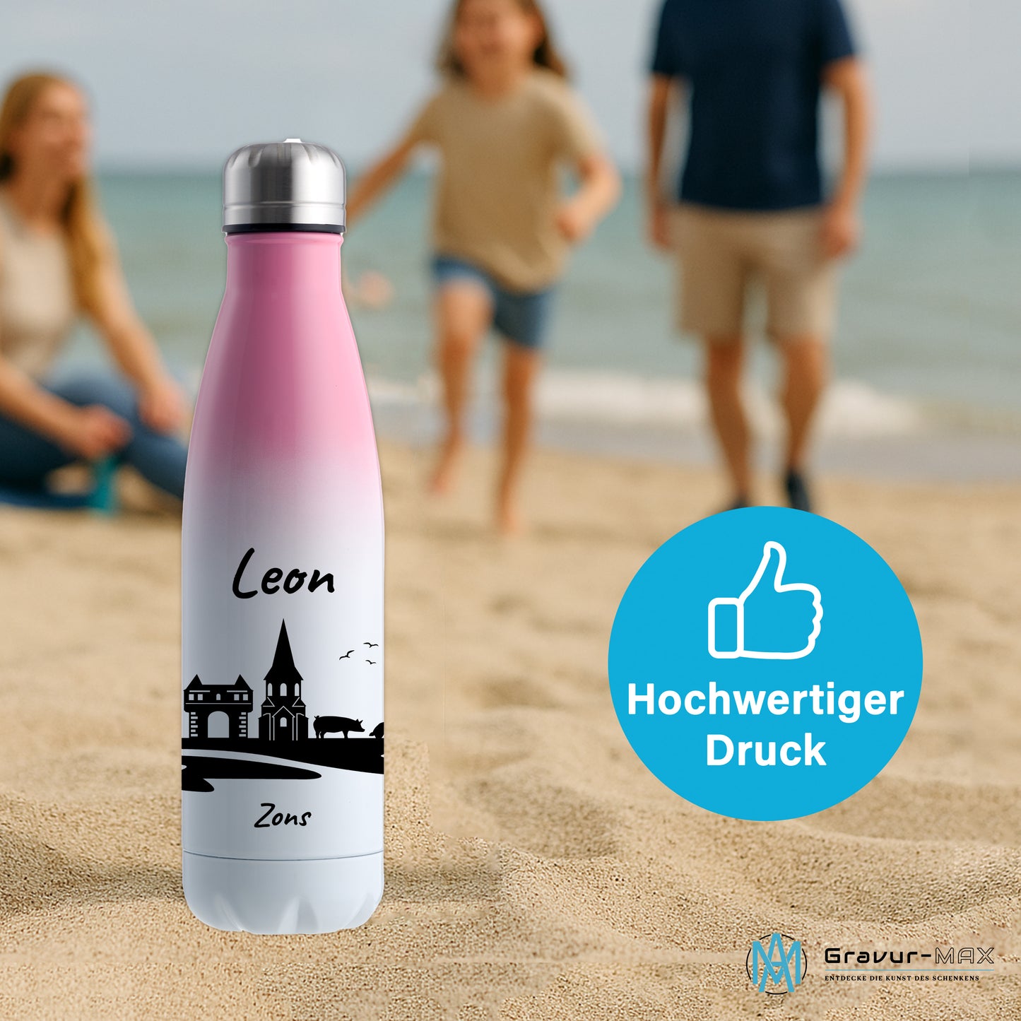 Trinkflasche in Weiß/Pink 500ml aus Edelstahl bedruckt mit der Skyline von Zons (Dormagen) personalisierbar mit Wunschname