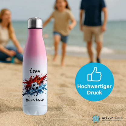 Thermoflasche 500ml in Weiß/Pink aus Edelstahl bedruckt "Fußball" Motiv12 personalisierbar mit Wunschname & Text