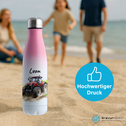 Thermoflasche 500ml in Weiß/Pink bedruckt mit tollen Motiven für Kinder "Traktor" personalisierbar mit Wunschname