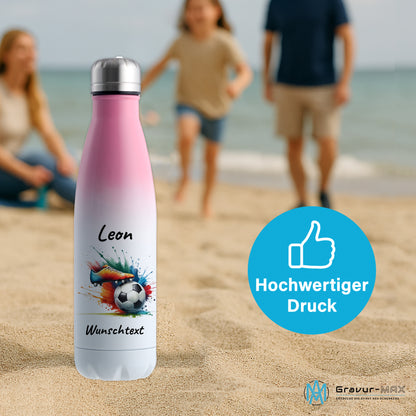 Thermoflasche 500ml in Weiß/Pink aus Edelstahl bedruckt "Fußball" Motiv6 personalisierbar mit Wunschname & Text