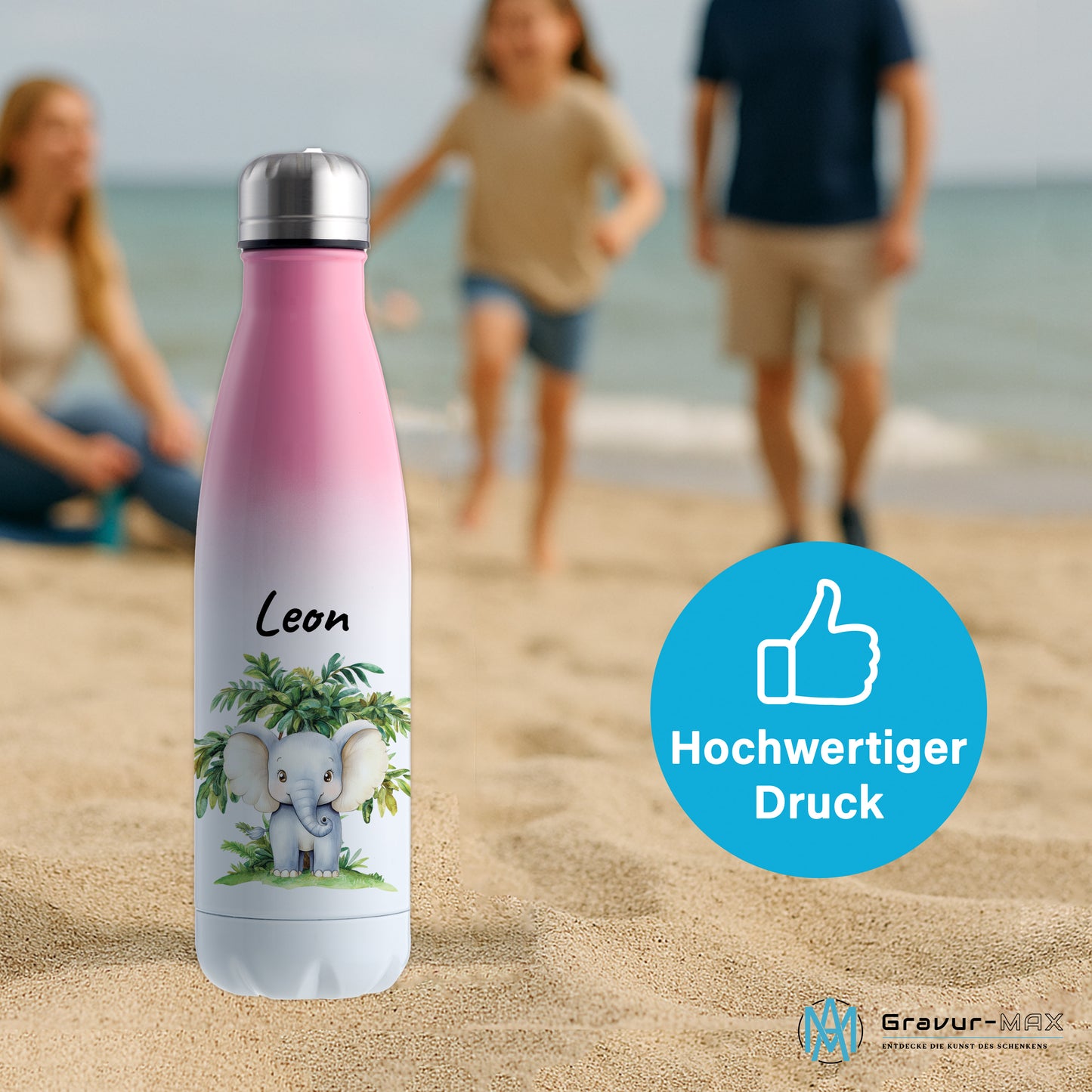 Trinkflasche mit Farbverlauf in Weiß/Pink 500ml aus Edelstahl bedruckt mit Dschungel Tieren"Elefant" personalisierbar für Kinder mit Wunschname