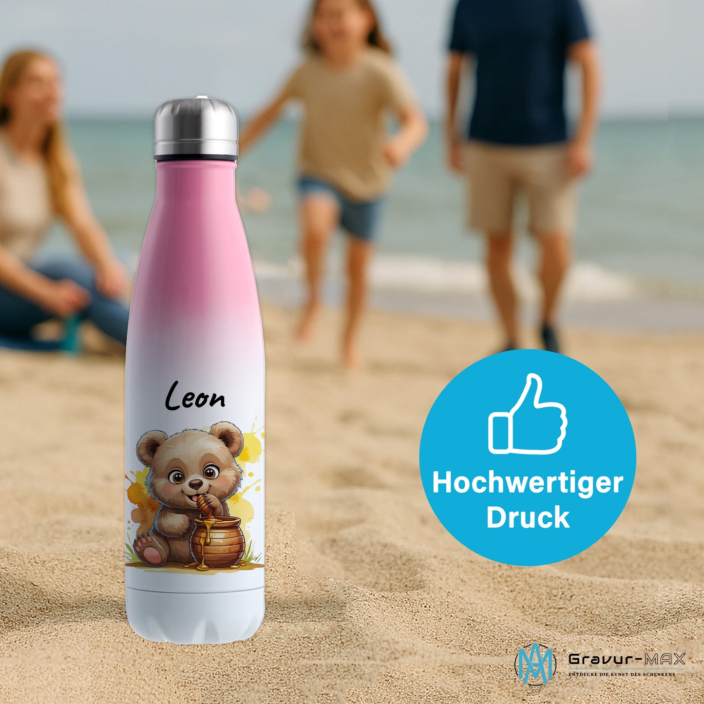 Trinkflasche in Weiß/Pink 500ml aus Edelstahl bedruckt mit niedlichen Tieren "Bär" personalisierbar für Kinder mit Wunschname