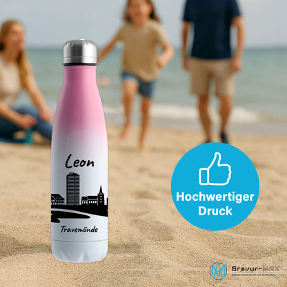 Trinkflasche in Weiß/Pink 500ml aus Edelstahl bedruckt mit der Skyline von Travemünde personalisierbar mit Wunschname