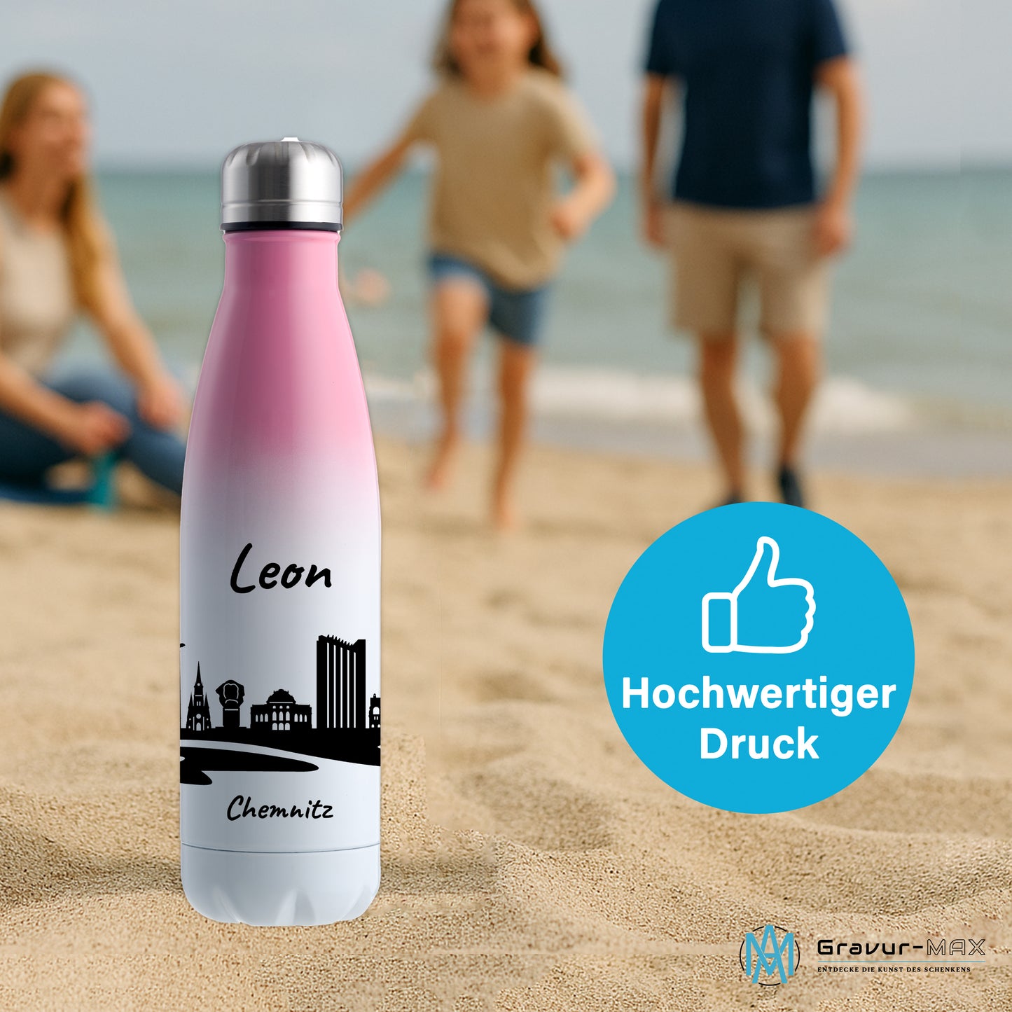 Trinkflasche in Weiß/Pink 500ml aus Edelstahl bedruckt mit der Skyline von Chemnitz personalisierbar mit Wunschname