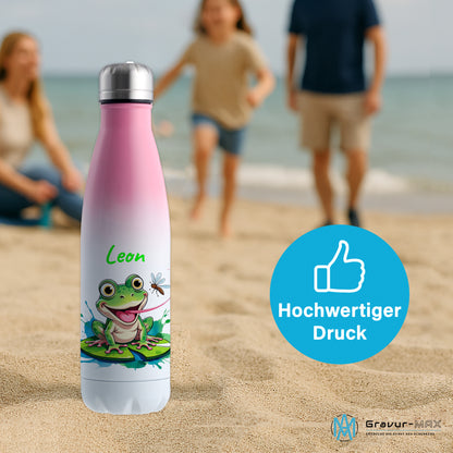 Trinkflasche in Weiß/Pink 500ml aus Edelstahl bedruckt mit niedlichen Tieren "Frosch" personalisierbar für Kinder mit Wunschname