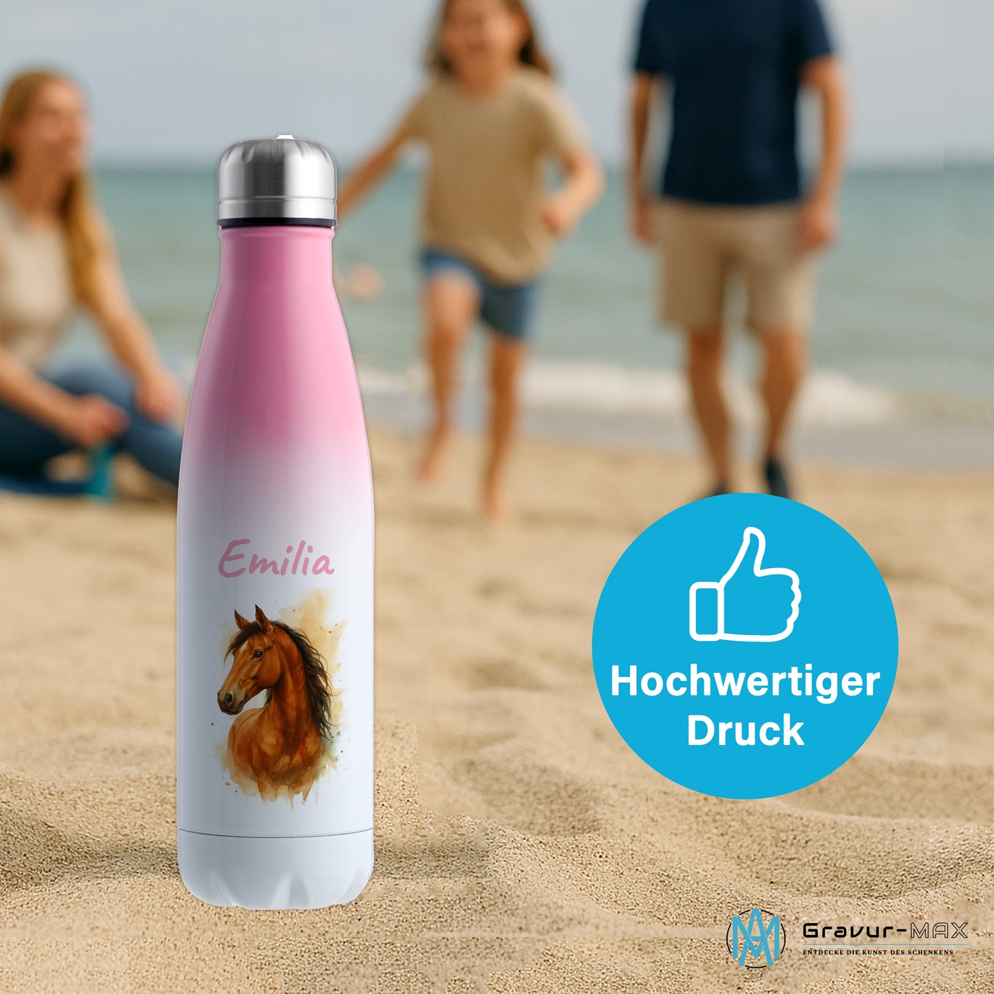 Thermoflasche 500ml in Weiß/Pink bedruckt mit tollen Motiven für Kinder "Pferd" personalisierbar mit Wunschname