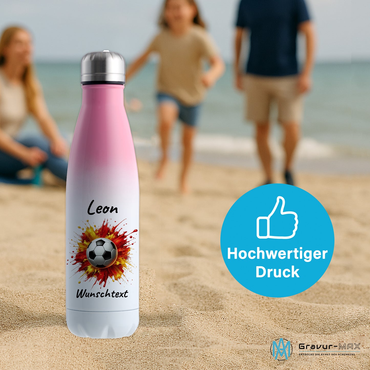 Thermoflasche 500ml in Weiß/Pink aus Edelstahl bedruckt "Fußball" Motiv9 personalisierbar mit Wunschname & Text