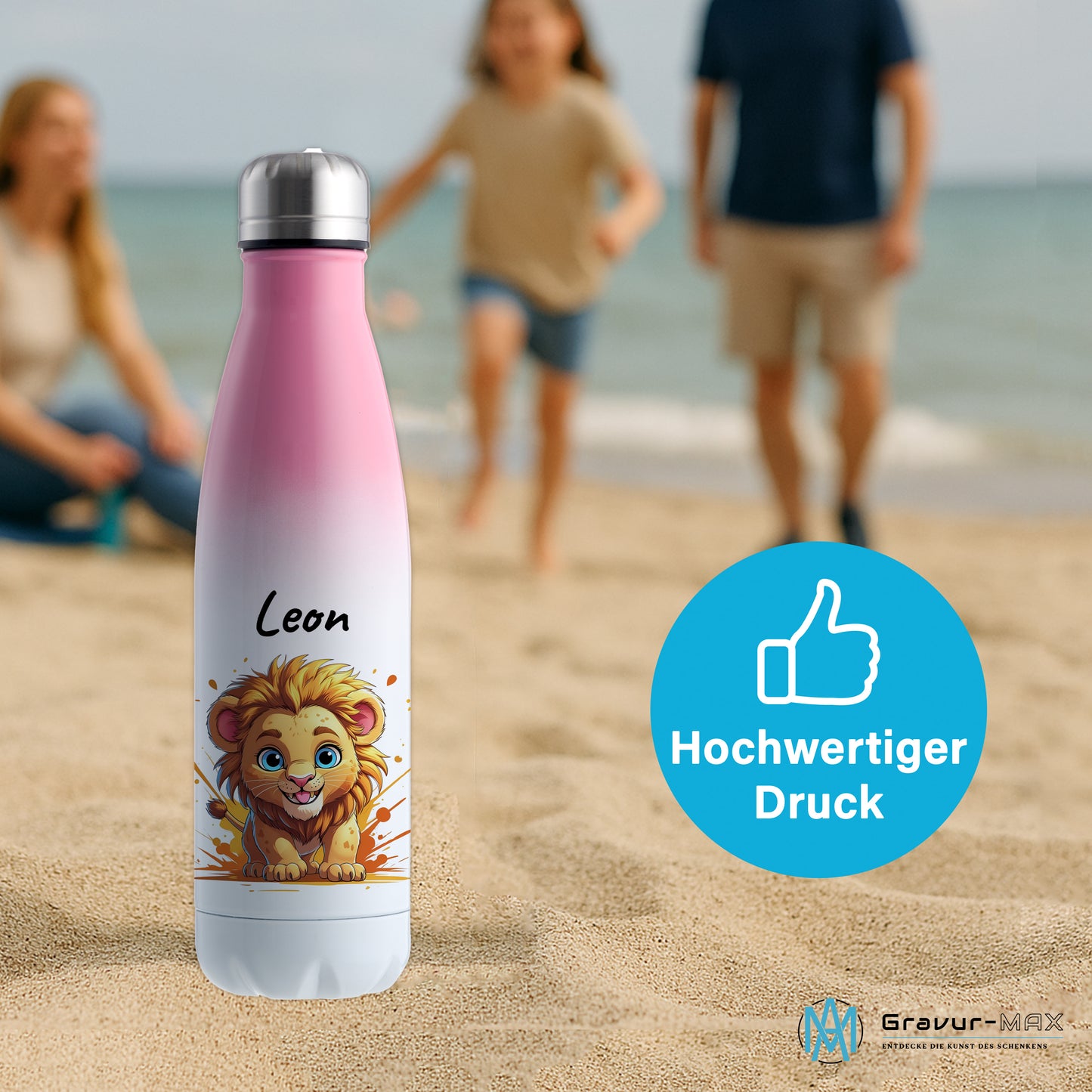 Trinkflasche in Weiß/Pink 500ml aus Edelstahl bedruckt mit niedlichen Tieren "Löwe" personalisierbar für Kinder mit Wunschname