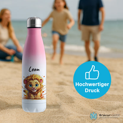 Trinkflasche in Weiß/Pink 500ml aus Edelstahl bedruckt mit niedlichen Tieren "Löwe" personalisierbar für Kinder mit Wunschname