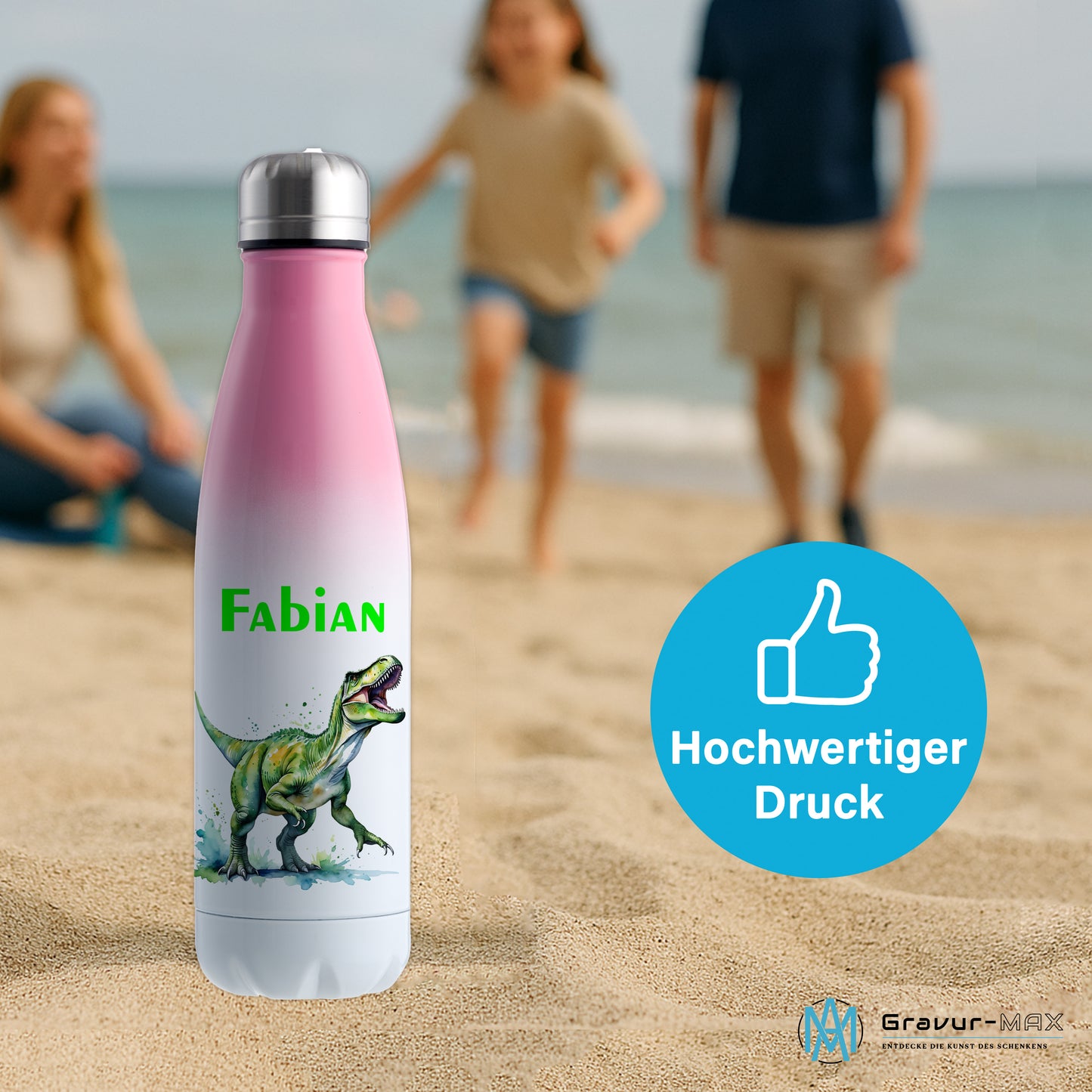 Thermoflasche 500ml in Weiß/Pink bedruckt mit tollen Motiven für Kinder "Dino T-Rex" personalisierbar mit Wunschname