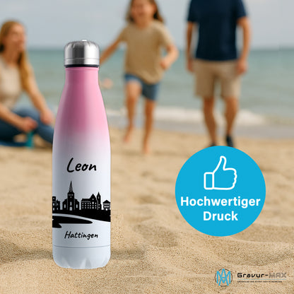 Trinkflasche in Weiß/Pink 500ml aus Edelstahl bedruckt mit der Skyline von Hattingen personalisierbar mit Wunschname