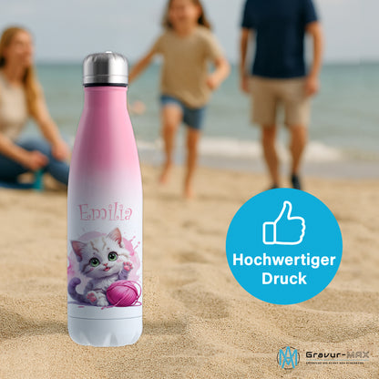 Trinkflasche in Weiß/Pink 500ml aus Edelstahl bedruckt mit niedlichen Tieren "Katze" personalisierbar für Kinder mit Wunschname