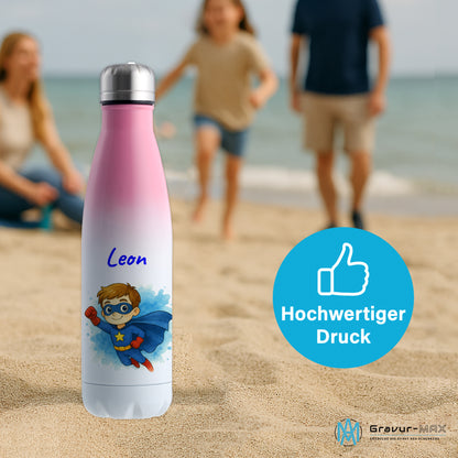 Thermoflasche 500ml in Weiß/Pink bedruckt mit tollen Motiven für Kinder "Superheld" personalisierbar mit Wunschname