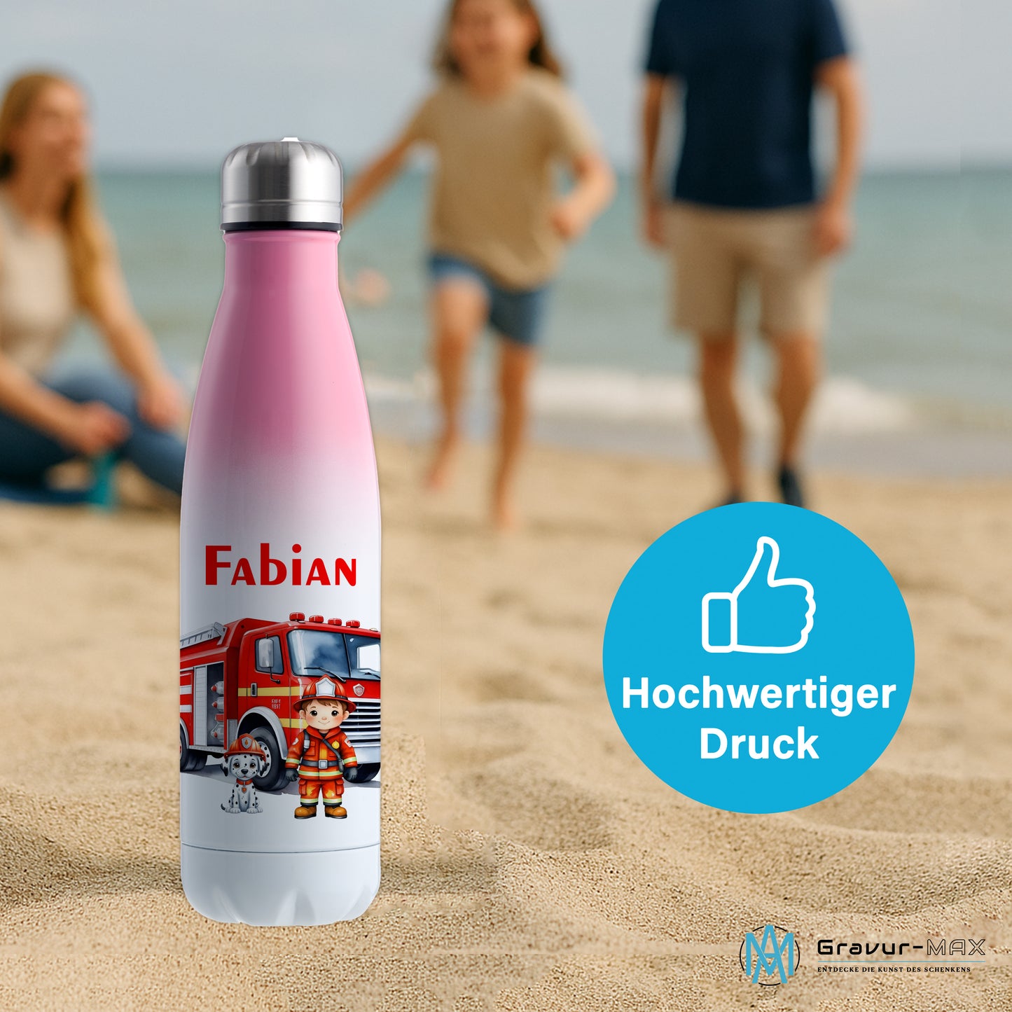 Thermoflasche 500ml in Weiß/Pink bedruckt mit tollen Motiven für Kinder "Feuerwehr" personalisierbar mit Wunschname
