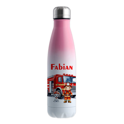 Thermoflasche 500ml in Weiß/Pink bedruckt mit tollen Motiven für Kinder "Feuerwehr" personalisierbar mit Wunschname