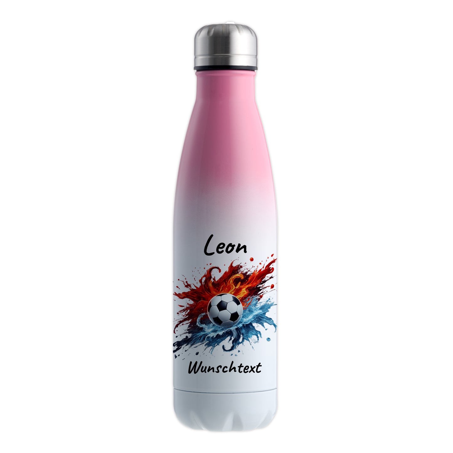 Thermoflasche 500ml in Weiß/Pink aus Edelstahl bedruckt "Fußball" Motiv12 personalisierbar mit Wunschname & Text