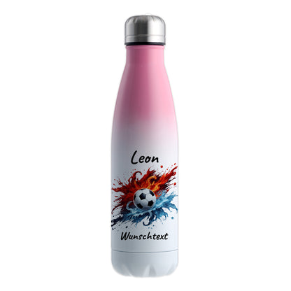 Thermoflasche 500ml in Weiß/Pink aus Edelstahl bedruckt "Fußball" Motiv12 personalisierbar mit Wunschname & Text