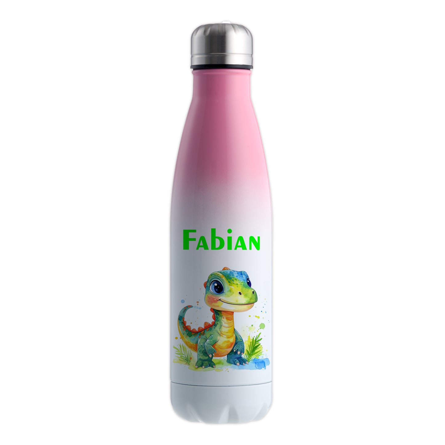 Thermoflasche 500ml in Weiß/Pink bedruckt mit tollen Motiven für Kinder "Dino Kinder" personalisierbar mit Wunschname