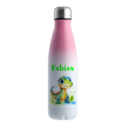 Thermoflasche 500ml in Weiß/Pink bedruckt mit tollen Motiven für Kinder "Dino Kinder" personalisierbar mit Wunschname