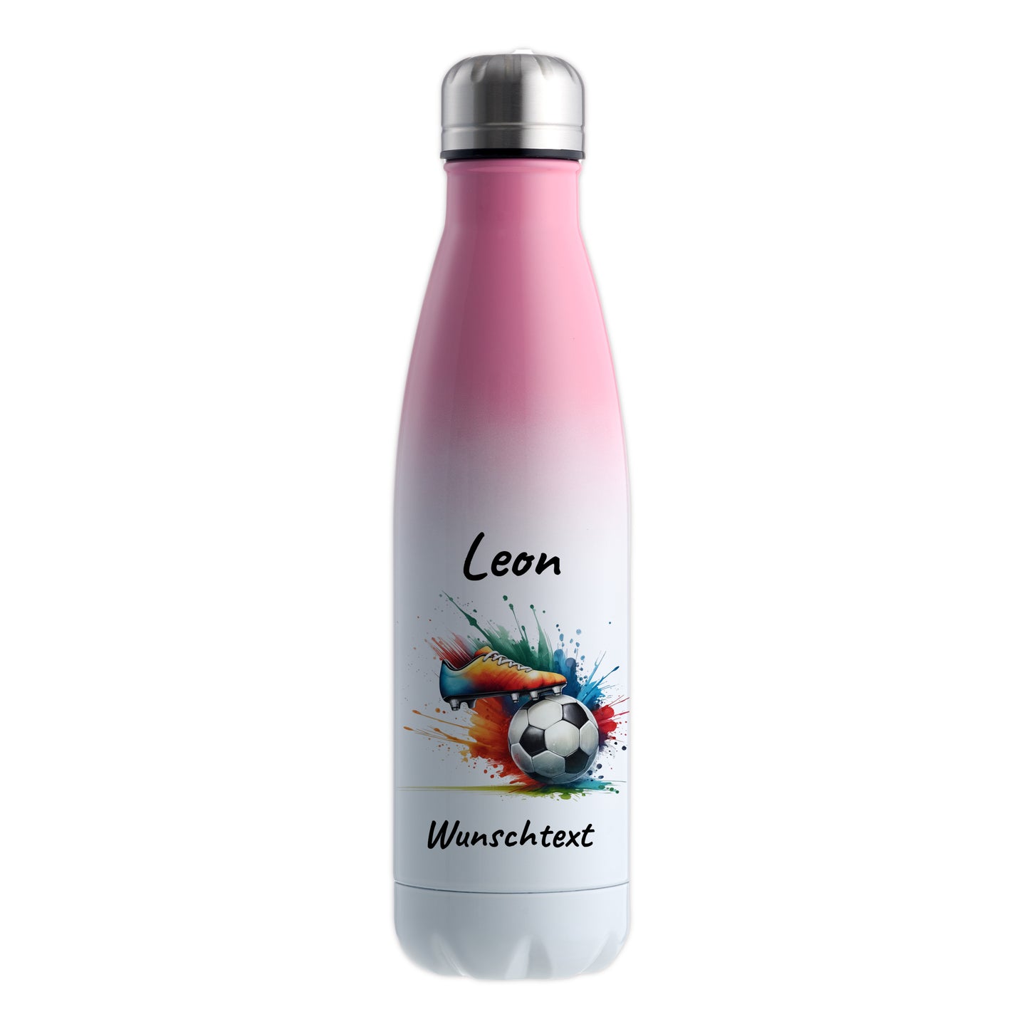Thermoflasche 500ml in Weiß/Pink aus Edelstahl bedruckt "Fußball" Motiv6 personalisierbar mit Wunschname & Text