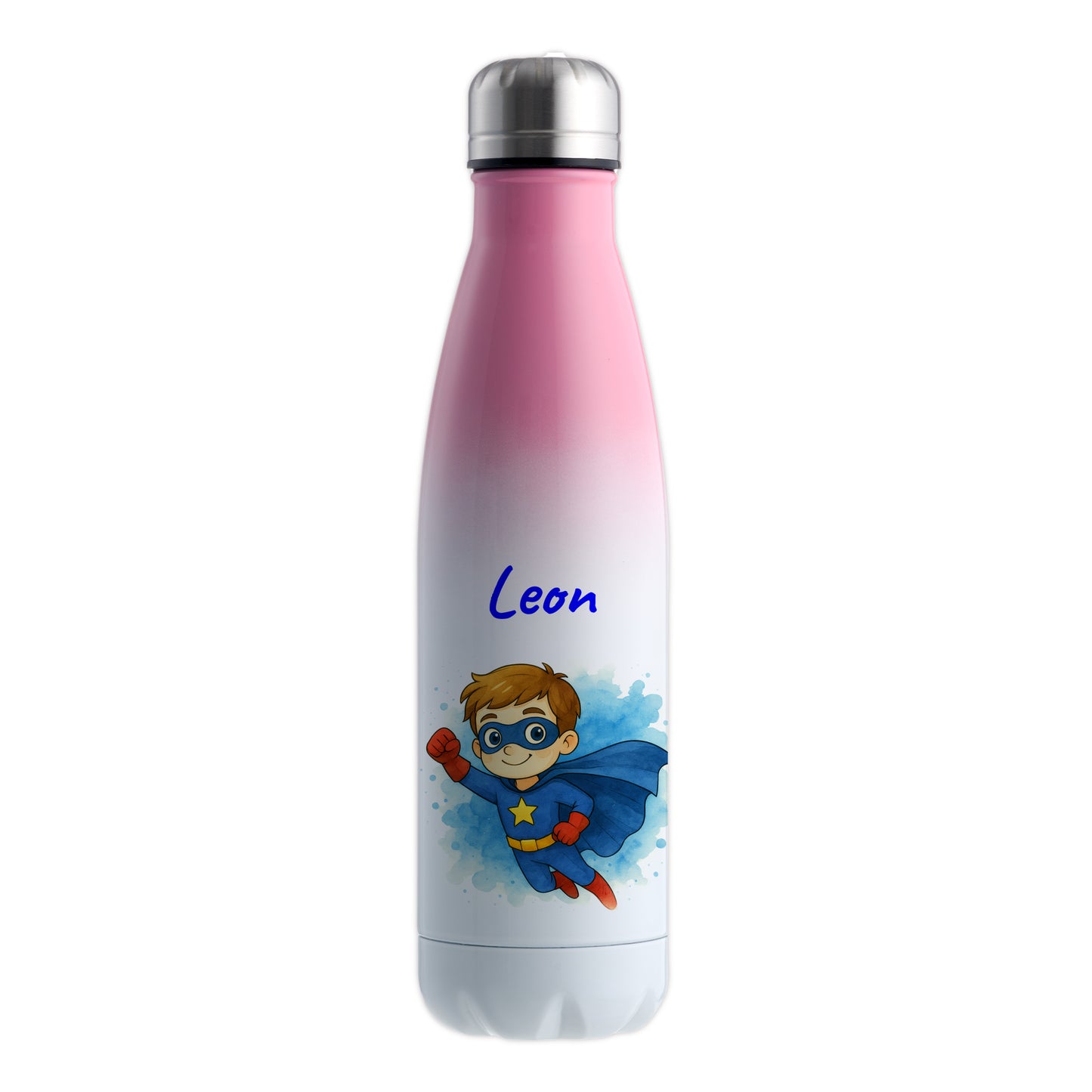 Thermoflasche 500ml in Weiß/Pink bedruckt mit tollen Motiven für Kinder "Superheld" personalisierbar mit Wunschname