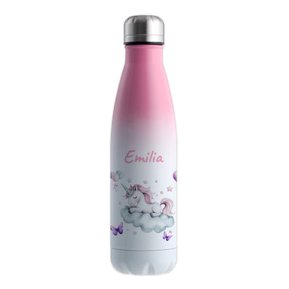 Thermoflasche 500ml in Weiß/Pink bedruckt mit tollen Motiven für Kinder "Einhorn Wolke" personalisierbar mit Wunschname