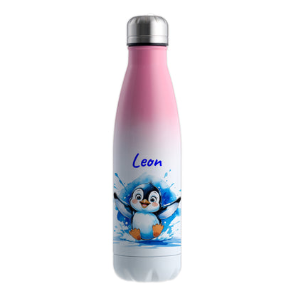 Trinkflasche in Weiß/Pink 500ml aus Edelstahl bedruckt mit niedlichen Tieren "Pinguin" personalisierbar für Kinder mit Wunschname