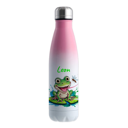 Trinkflasche in Weiß/Pink 500ml aus Edelstahl bedruckt mit niedlichen Tieren "Frosch" personalisierbar für Kinder mit Wunschname