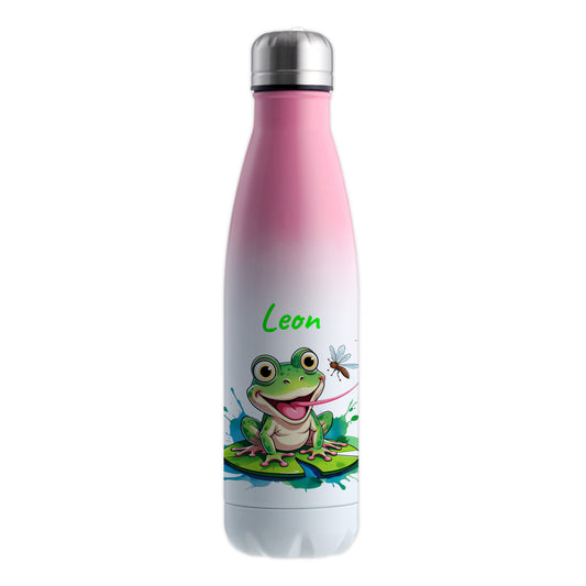 Trinkflasche in Weiß/Pink 500ml aus Edelstahl bedruckt mit niedlichen Tieren "Frosch" personalisierbar für Kinder mit Wunschname
