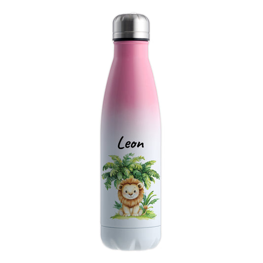Trinkflasche mit Farbverlauf in Weiß/Pink 500ml aus Edelstahl bedruckt mit Dschungel Tieren"Löwe" personalisierbar für Kinder mit Wunschname