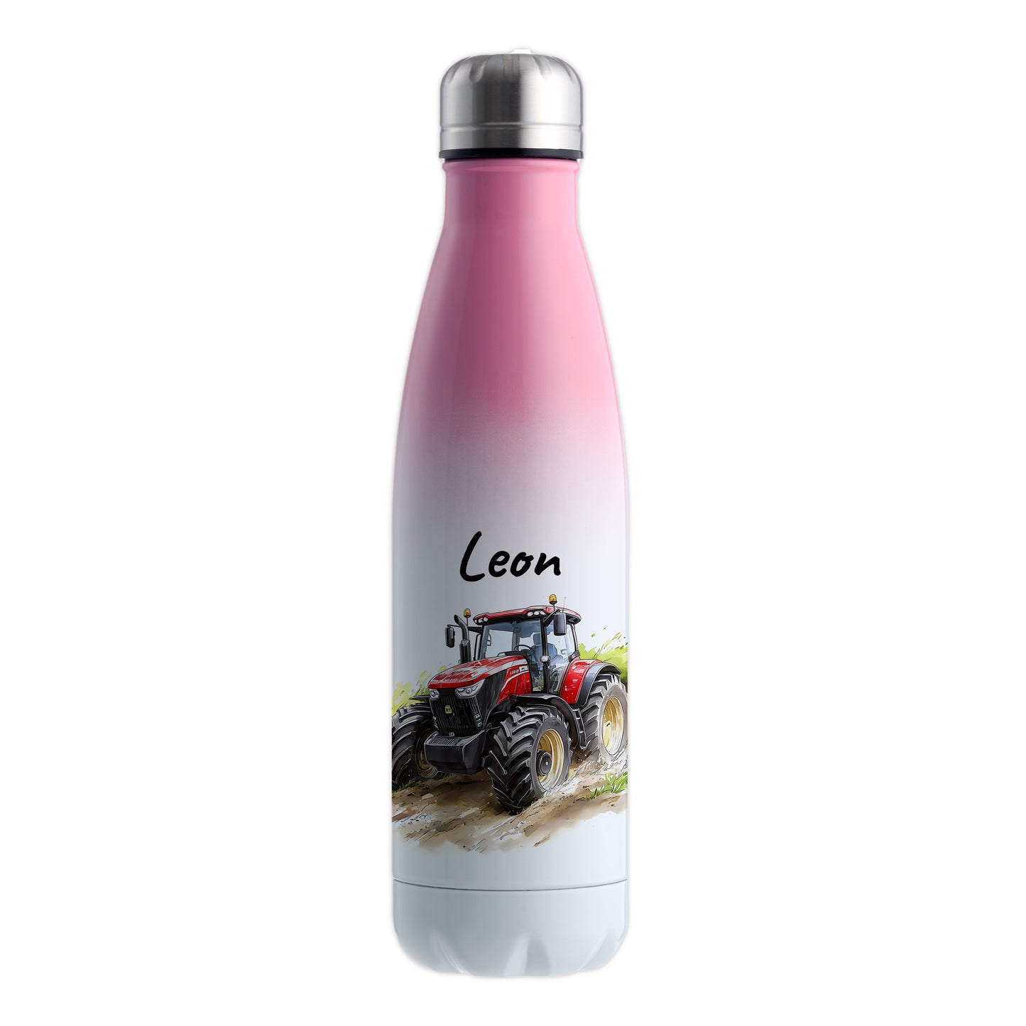 Thermoflasche 500ml in Weiß/Pink bedruckt mit tollen Motiven für Kinder "Traktor" personalisierbar mit Wunschname