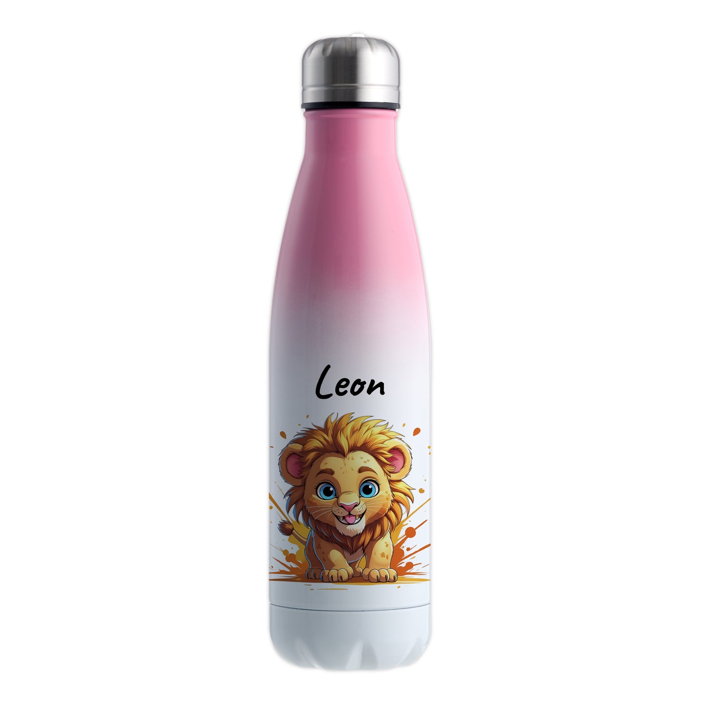 Trinkflasche in Weiß/Pink 500ml aus Edelstahl bedruckt mit niedlichen Tieren "Löwe" personalisierbar für Kinder mit Wunschname