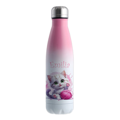 Trinkflasche in Weiß/Pink 500ml aus Edelstahl bedruckt mit niedlichen Tieren "Katze" personalisierbar für Kinder mit Wunschname