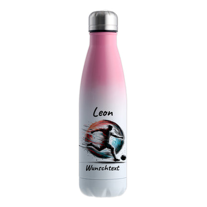 Thermoflasche 500ml in Weiß/Pink aus Edelstahl bedruckt "Fußball" Motiv3 personalisierbar mit Wunschname & Text