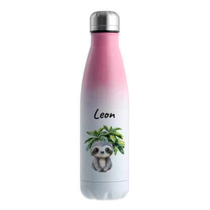 Trinkflasche mit Farbverlauf in Weiß/Pink 500ml aus Edelstahl bedruckt mit Dschungel Tieren"Faultier" personalisierbar für Kinder mit Wunschname