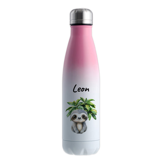 Trinkflasche mit Farbverlauf in Weiß/Pink 500ml aus Edelstahl bedruckt mit Dschungel Tieren"Faultier" personalisierbar für Kinder mit Wunschname