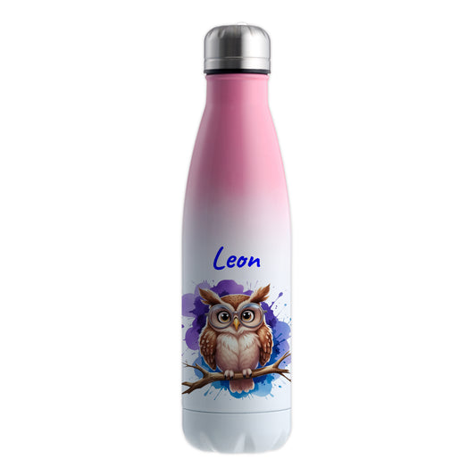 Trinkflasche in Weiß/Pink 500ml aus Edelstahl bedruckt mit niedlichen Tieren "Eule" personalisierbar für Kinder mit Wunschname