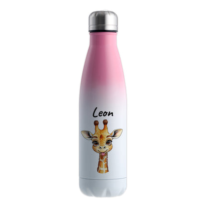 Trinkflasche in Weiß/Pink 500ml aus Edelstahl bedruckt mit niedlichen Tieren "Giraffe" personalisierbar für Kinder mit Wunschname