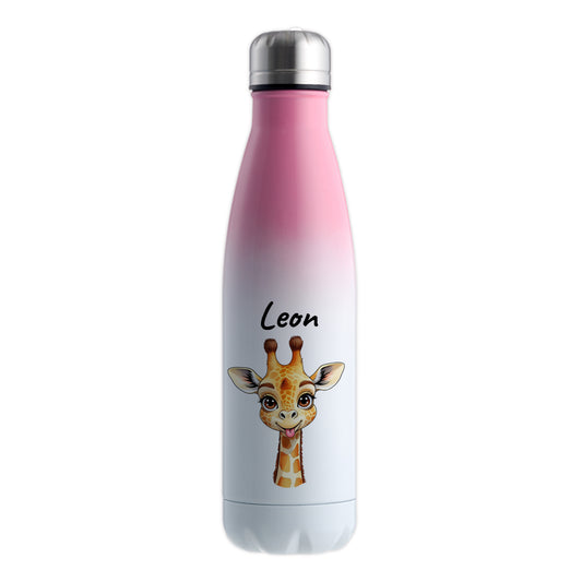 Trinkflasche in Weiß/Pink 500ml aus Edelstahl bedruckt mit niedlichen Tieren "Giraffe" personalisierbar für Kinder mit Wunschname
