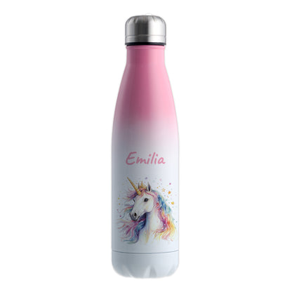 Thermoflasche 500ml in Weiß/Pink bedruckt mit tollen Motiven für Kinder "Einhorn" personalisierbar mit Wunschname