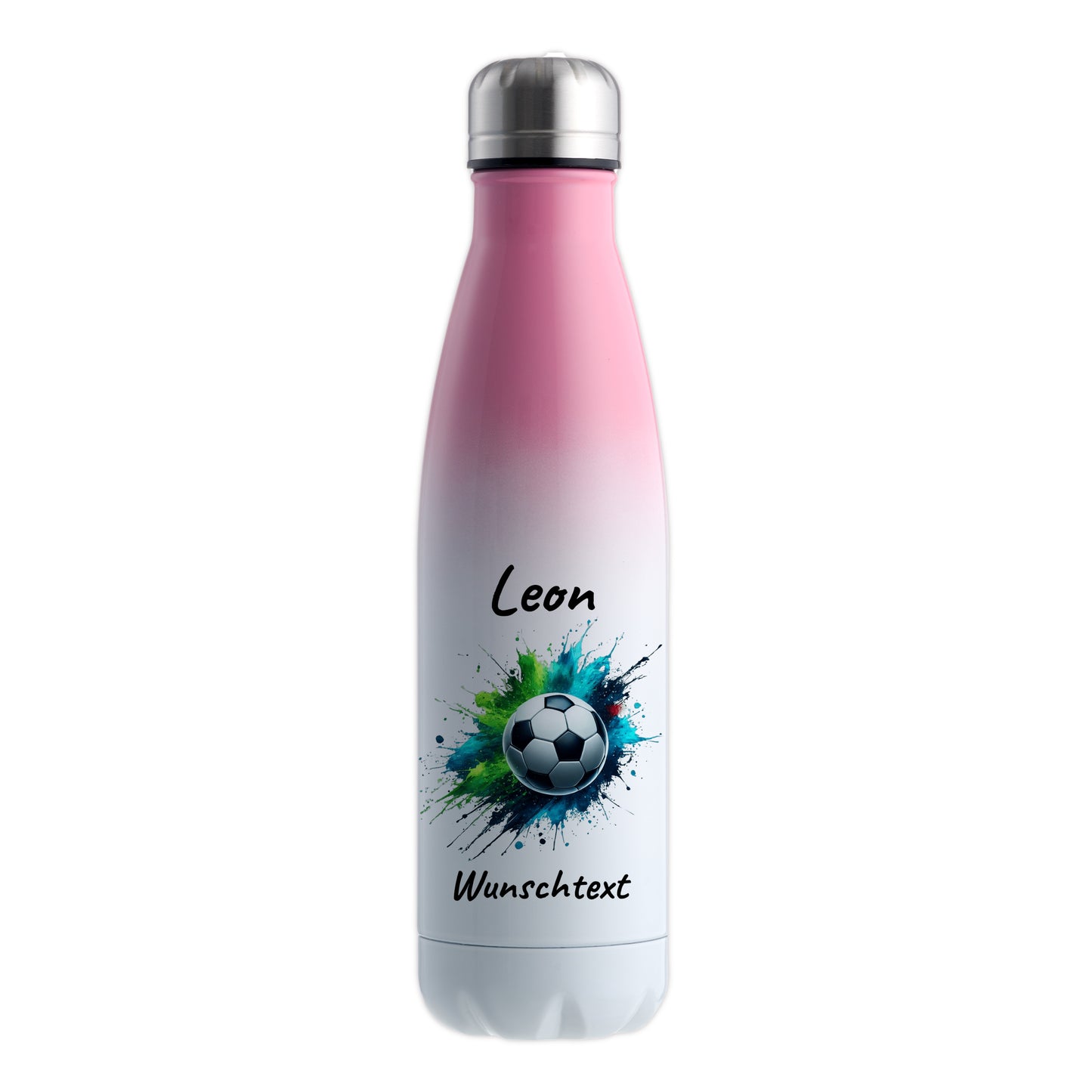 Thermoflasche 500ml in Weiß/Pink aus Edelstahl bedruckt "Fußball" Motiv8 personalisierbar mit Wunschname & Text