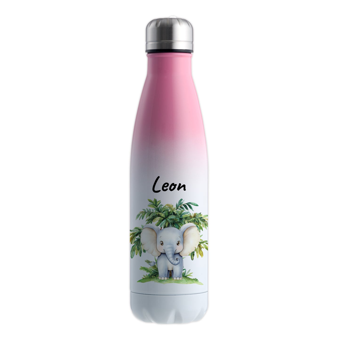 Trinkflasche mit Farbverlauf in Weiß/Pink 500ml aus Edelstahl bedruckt mit Dschungel Tieren"Elefant" personalisierbar für Kinder mit Wunschname