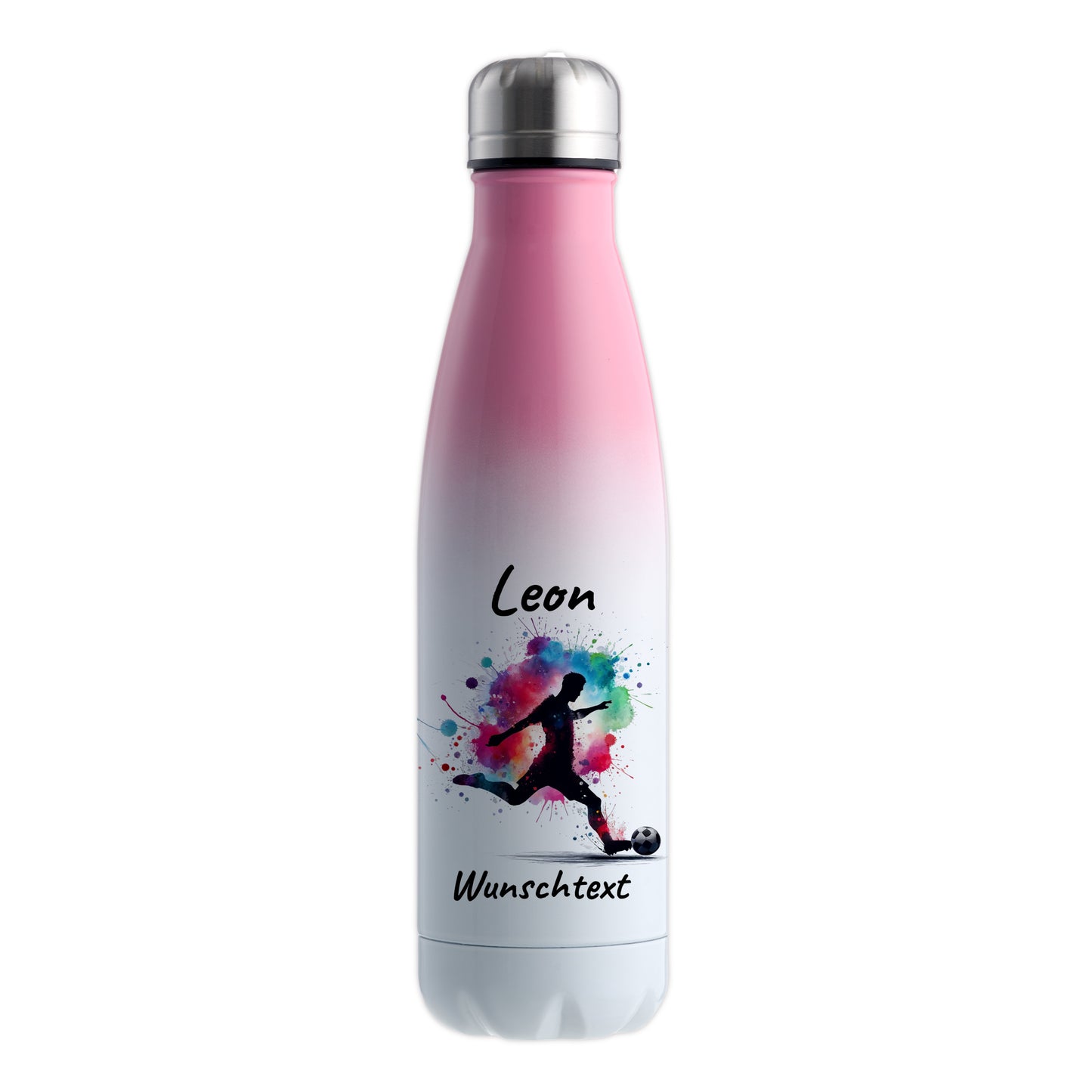 Thermoflasche 500ml in Weiß/Pink aus Edelstahl bedruckt "Fußball" Motiv4 personalisierbar mit Wunschname & Text