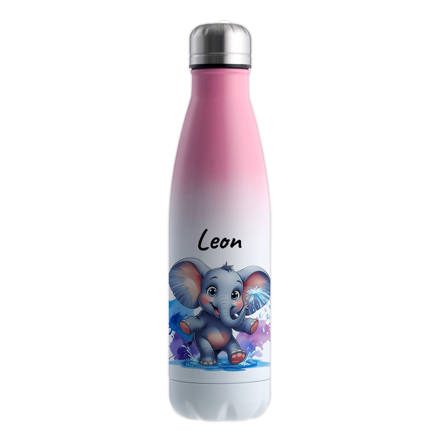 Trinkflasche in Weiß/Pink 500ml aus Edelstahl bedruckt mit niedlichen Tieren "Elefant" personalisierbar für Kinder mit Wunschname