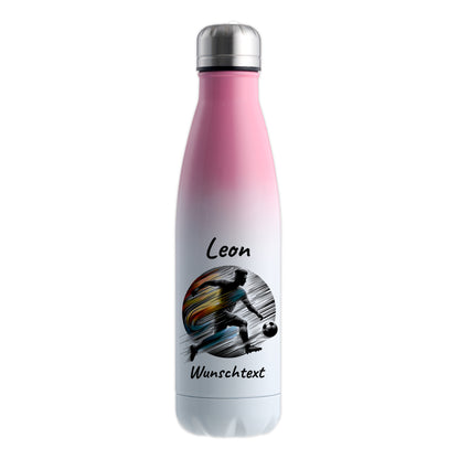 Thermoflasche 500ml in Weiß/Pink aus Edelstahl bedruckt "Fußball" Motiv2 personalisierbar mit Wunschname & Text
